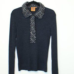 Tory Burch Annabelle Tweed Navy blue sweater Sz L